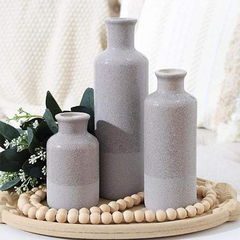 Ceramic Vase Set Of 3, Grey Modern Flower Vases For Living Room Home Coffee Table Decor