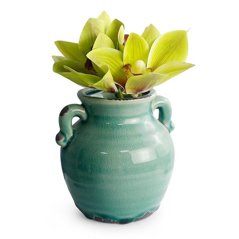 Eco-Friendly Ceramic Bud Vase Green Pottery Tabletop Vase With Rustic Finished Ears For Home Decor Porcelain Material