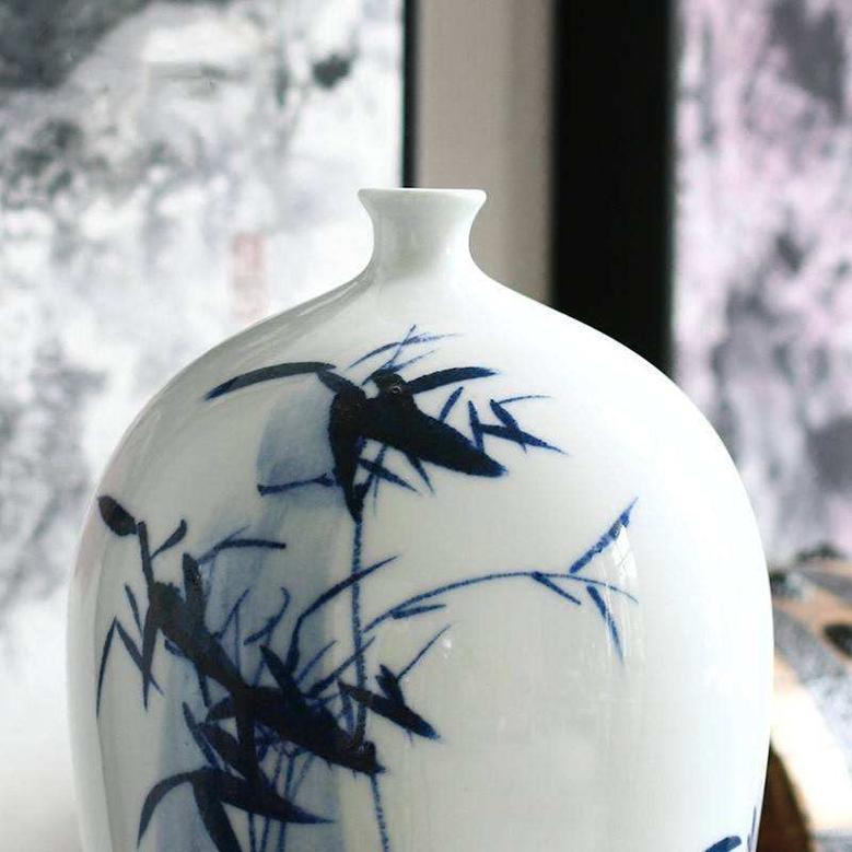 Hand Painted Blue Bamboo Pattern Chinese Classic Ceramic Home Office Hotel Decoration Porcelain Vase