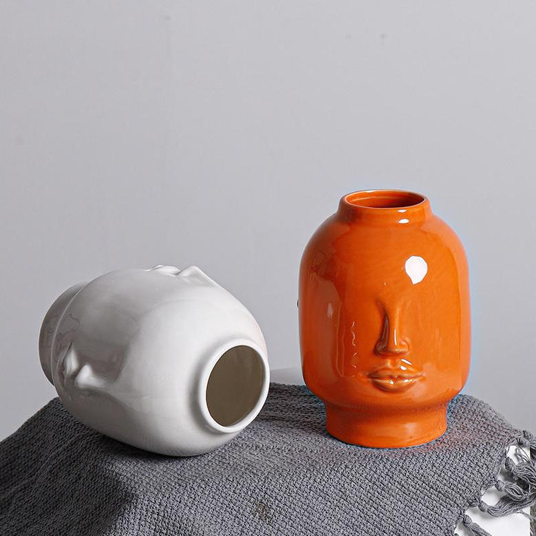 Handmade White Orange Porcelain Flower Pot Abstract Human Face Ceramic Vases For Home Decor