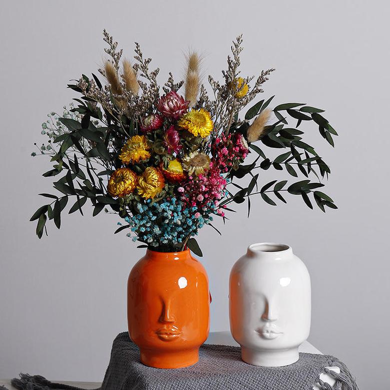 Handmade White Orange Porcelain Flower Pot Abstract Human Face Ceramic Vases For Home Decor