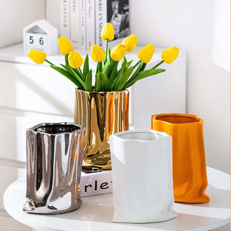 Home Decor Ceramic Orange Paper Bag Vase For Home Living Room