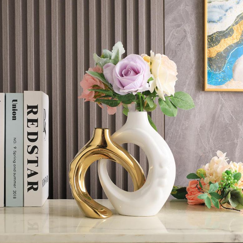 Luxury White Black Silver And Gold Home Hotel Decorative Ceramic Jar Flower Vase Set of 2