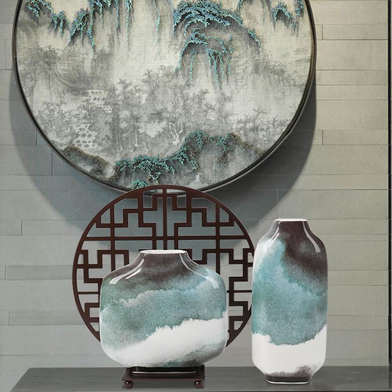 Modern Chinese Green Ink Design Handmade White Ceramic Flower Vases For Porcelain Home Decor Set of 3