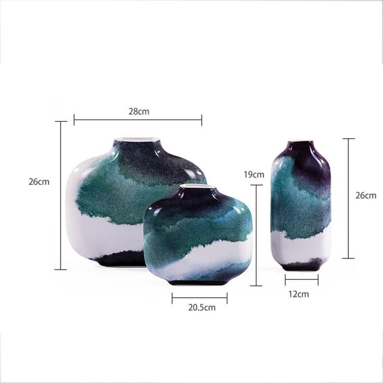 Modern Chinese Green Ink Design Handmade White Ceramic Flower Vases For Porcelain Home Decor Set of 3