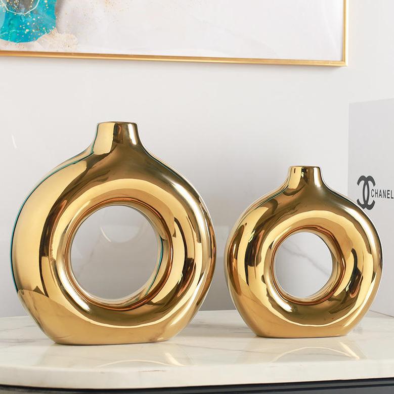 Modern Luxury Plating Ceramic Donut Vase Home Decoration Desktop Gold Silver Flower Vases