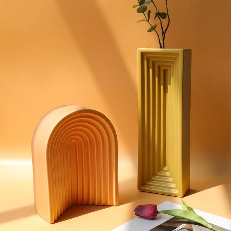 Yellow Orange Nordic Minimalist Style Arch Shape Ceramic Flower Modern Vase For Home Decor