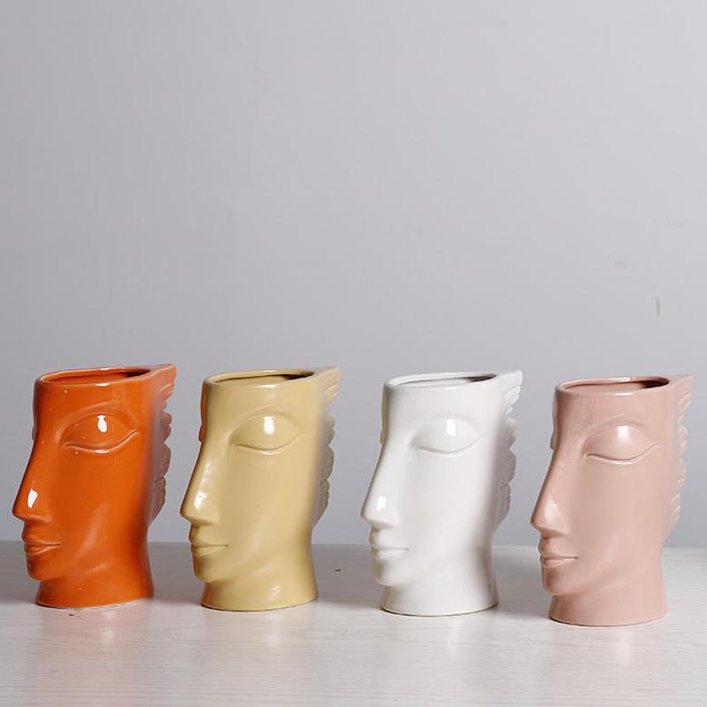 Nordic Style Desktop Ornaments Human Face Shape Art Porcelain Flower Pot White Unique Gift Ceramic Vase For Home Decor