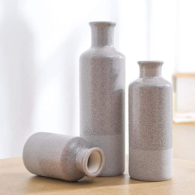 Ceramic Vase Set Of 3, Grey Modern Flower Vases For Living Room Home Coffee Table Decor