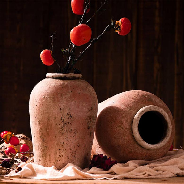 Retro Home Garden Decoration Vases Jar Round Red Old Pottery Terracotta Textured Tall Vase For Flowers