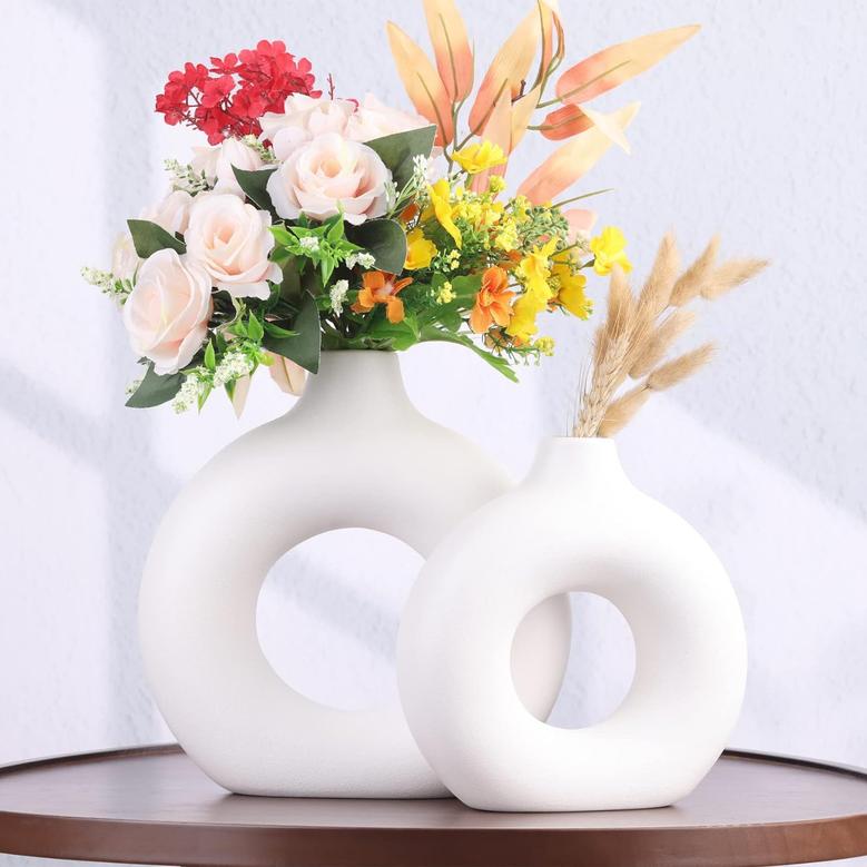 Set Of 2 Modern Colorful Round Donut Ceramic Flower Vase Rustic Vintage Table Centerpieces