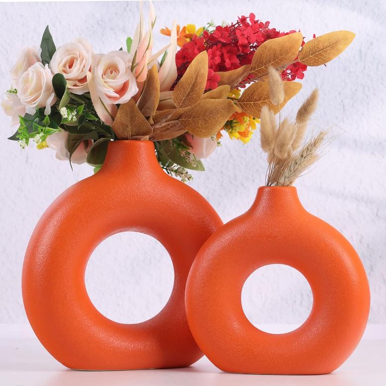Set Of 2 Modern Colorful Round Donut Ceramic Flower Vase Rustic Vintage Table Centerpieces