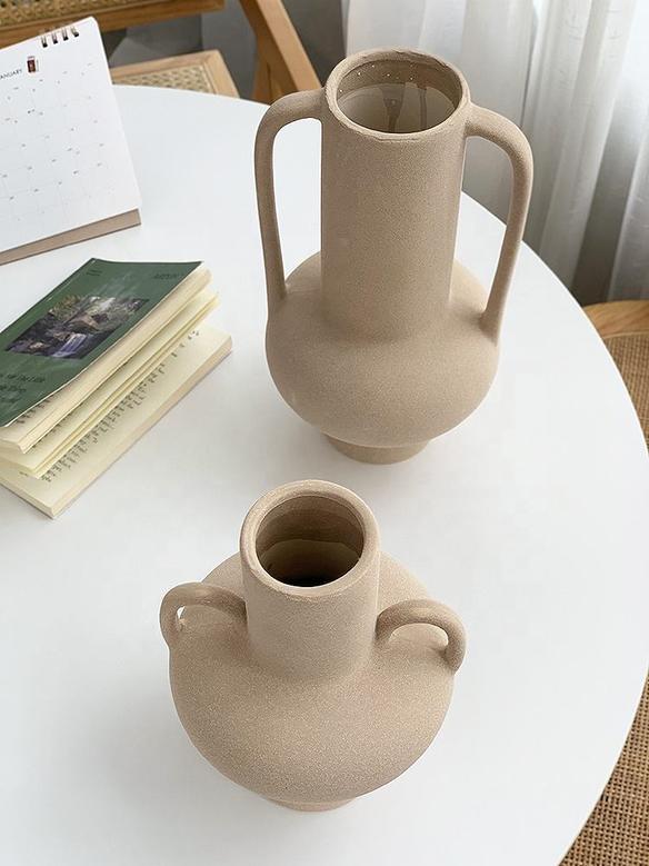 Stoneware Vase Round Handles Porcelain Brown Large Matte Jar Clay Vase