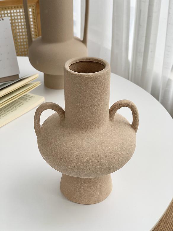 Stoneware Vase Round Handles Porcelain Brown Large Matte Jar Clay Vase