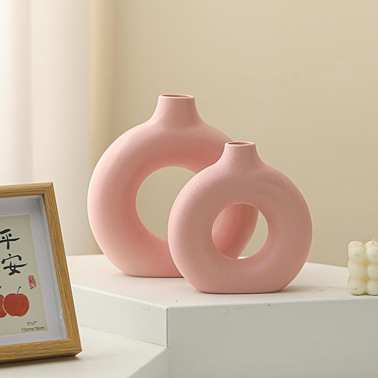 Tabletop Donut Vase Pink Big Size Nordic Circular Hollow Ceramic Vase Decorations