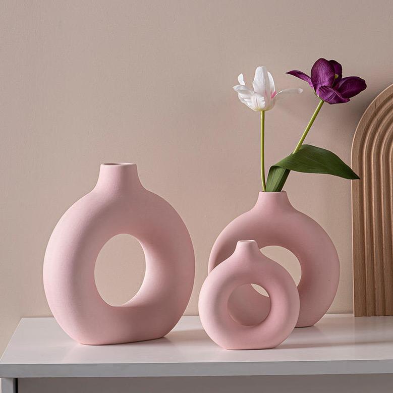 Tabletop Donut Vase Pink Big Size Nordic Circular Hollow Ceramic Vase Decorations