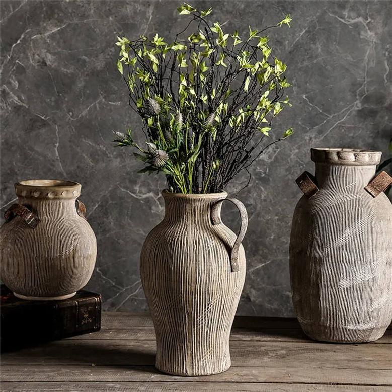 Tabletop Vases Unique Rusty Handle Design Vintage Pottery Ceramic Vase For Flower Arrangement