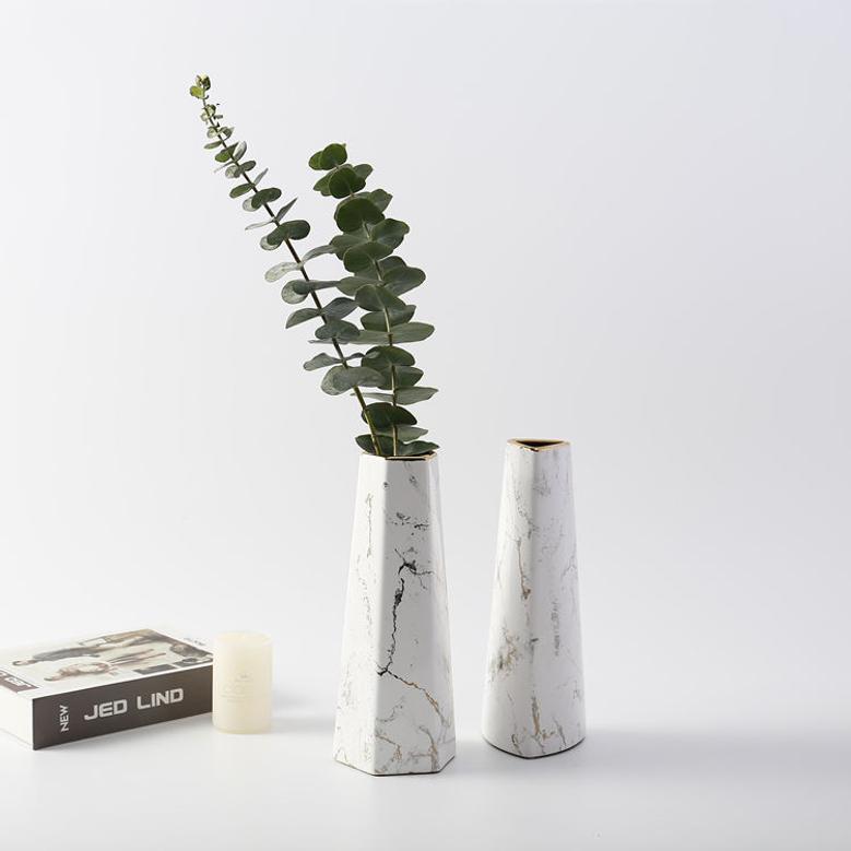 Vase For Home Decor Luxury Table Centerpieces Vase 10Inch White Gold Edge Marble Ceramic Vase
