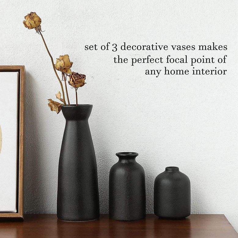 Japanese Ikebana Vase Flower Modern Matte Black Bud Ceramic Vases Set of 3 For Home Decor