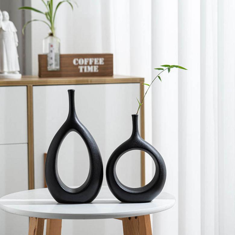 Black And White Chinese-Style Jade Ring Ceramic Vase Model Room Soft Decoration Home Furnishings