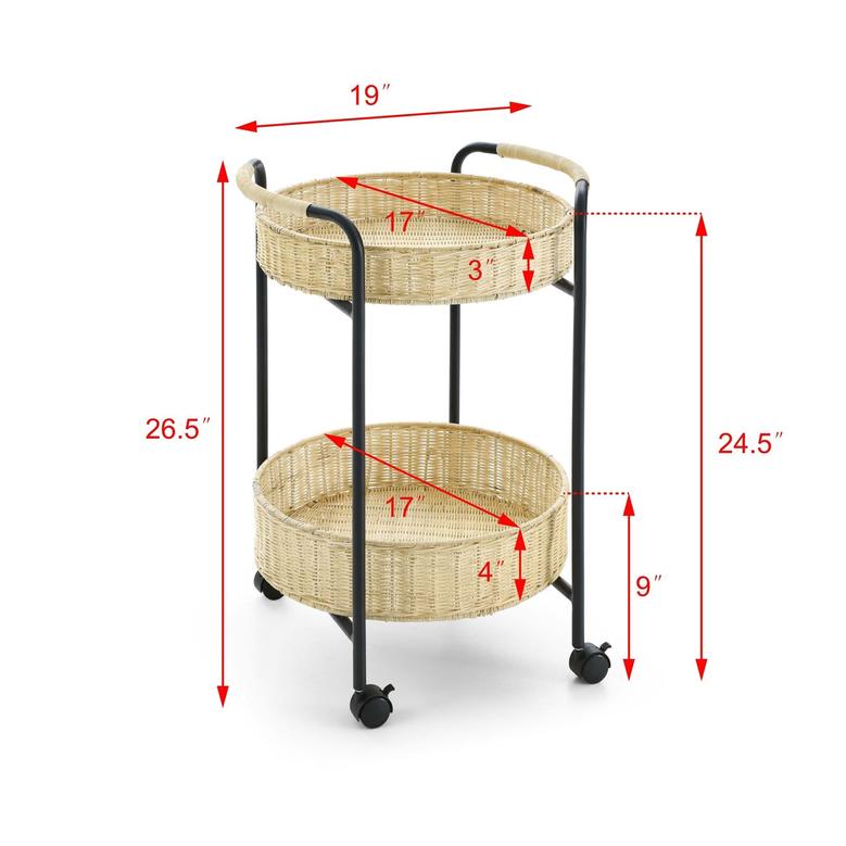2 Tier Rattan Basket Shelves Storage Space Rattan Bar Carts Trolley For Restaurant Wedding Party