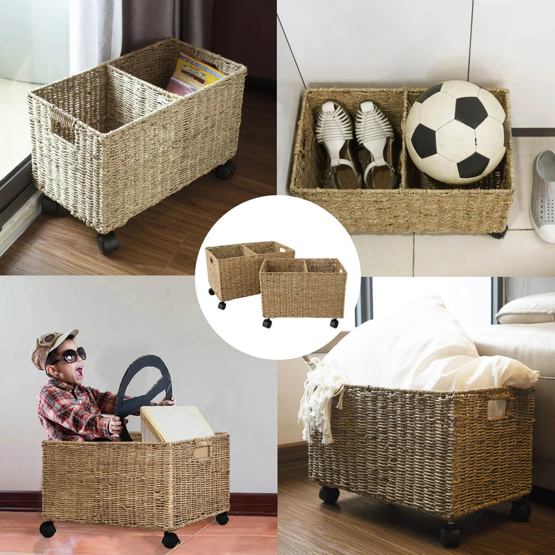 Set of 2 Rectangular Hand Woven Seagrass Storage Wicker Basket On Wheels For Home Storage Organization