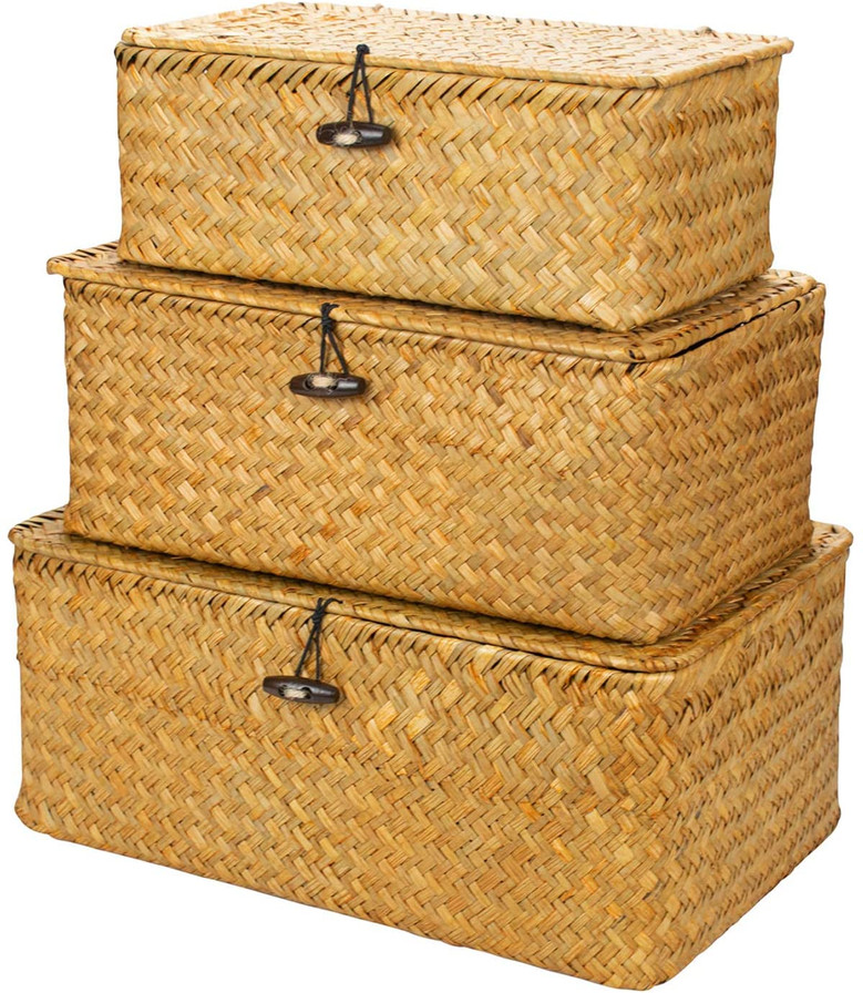 Set of 3 Medium Woven Wicker Storage Bins With Lid Natural Seagrass Storage Baskets