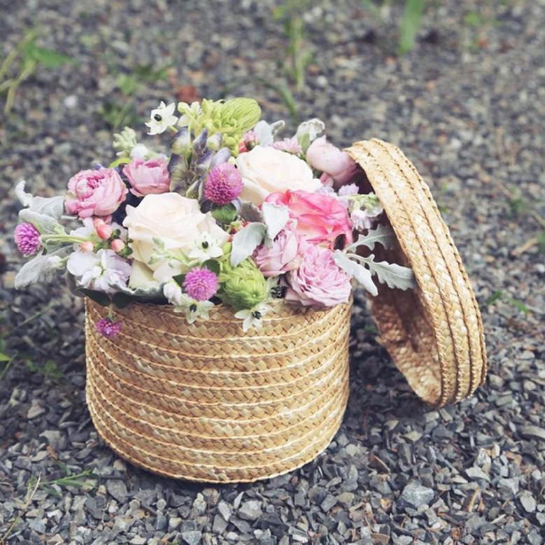 Set of 3 Woven Storage Box With Lid Wheat Straw Plant Baskets Round Finishing Storage Box