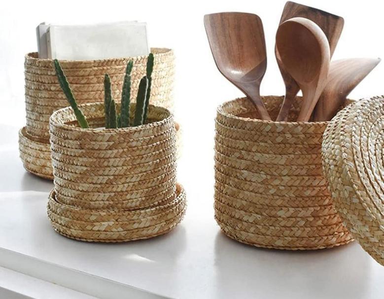 Set of 3 Woven Storage Box With Lid Wheat Straw Plant Baskets Round Finishing Storage Box