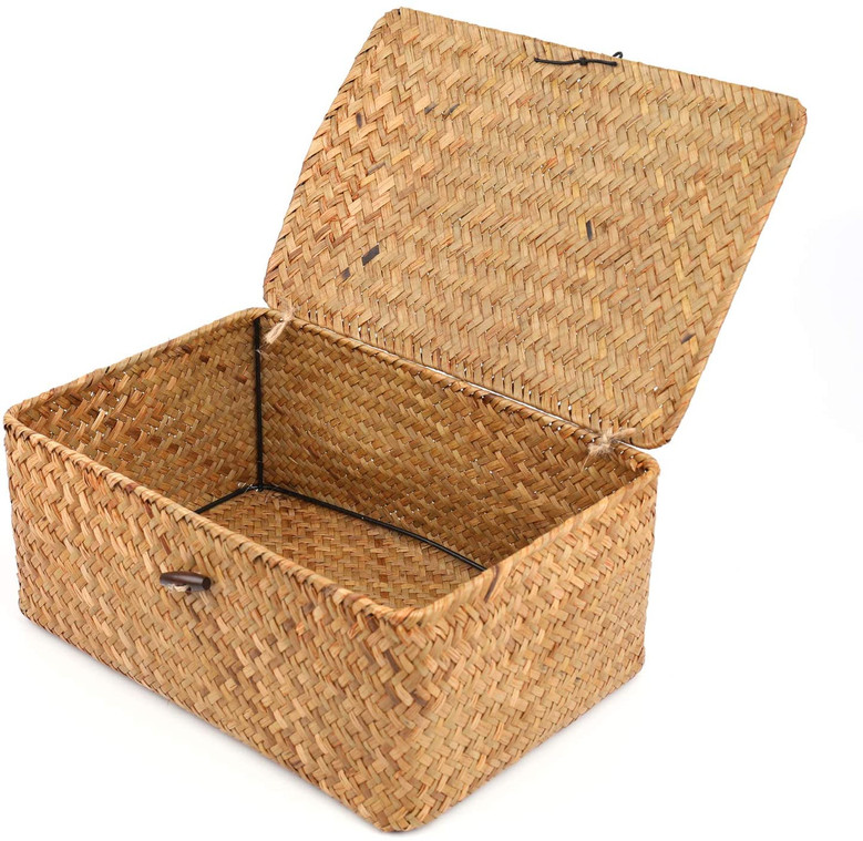 Set of 3 Medium Woven Wicker Storage Bins With Lid Natural Seagrass Storage Baskets