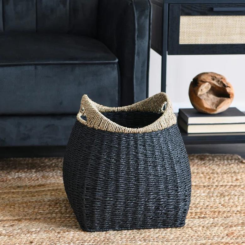 Black Seagrass Storage Basket With Handles Laundry Basket Handcrafted Made Of Eco-Friendly Materials