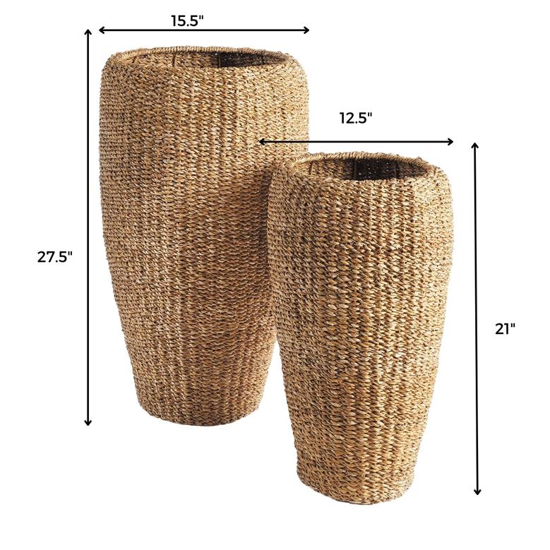 Boho Handwoven Tall Seagrass Planters Set Of 2 For Decor Living Room Indoor Outdoor
