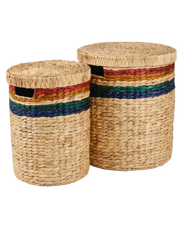 Boho Water Hyacinth Round Laundry Hamper With Liner Storage Baskets With Removable Lid