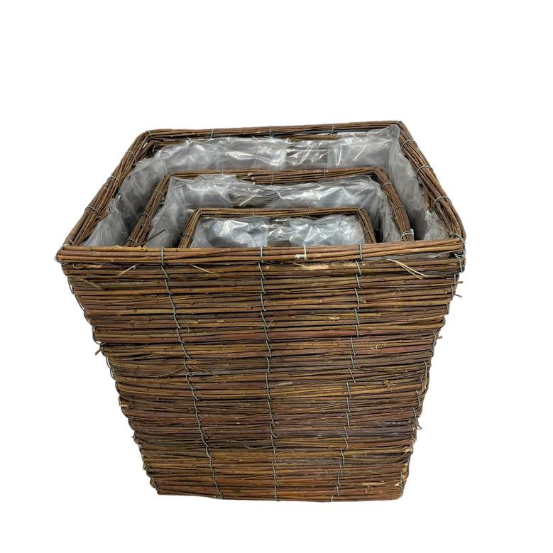 Brown Rectangle Willow Flower Pots Planters Basket With Plastic Lining