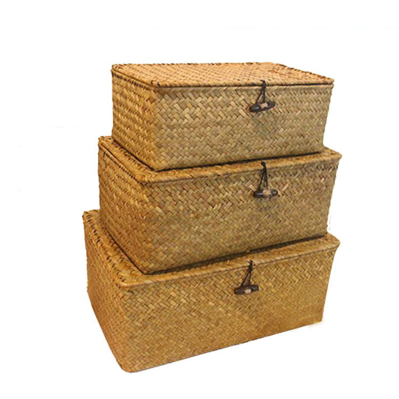 Set of 3 Medium Woven Wicker Storage Bins With Lid Natural Seagrass Storage Baskets