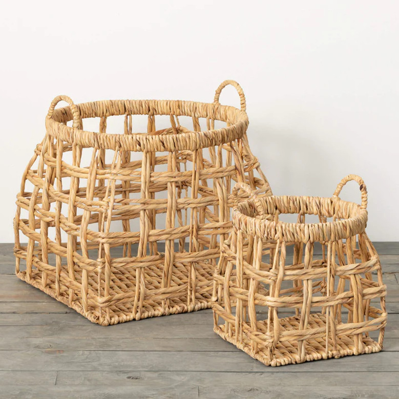 Open Weave Shapely Water Hyacinth Baskets Wicker Storage Basket With Handles Belly Fruit Basket
