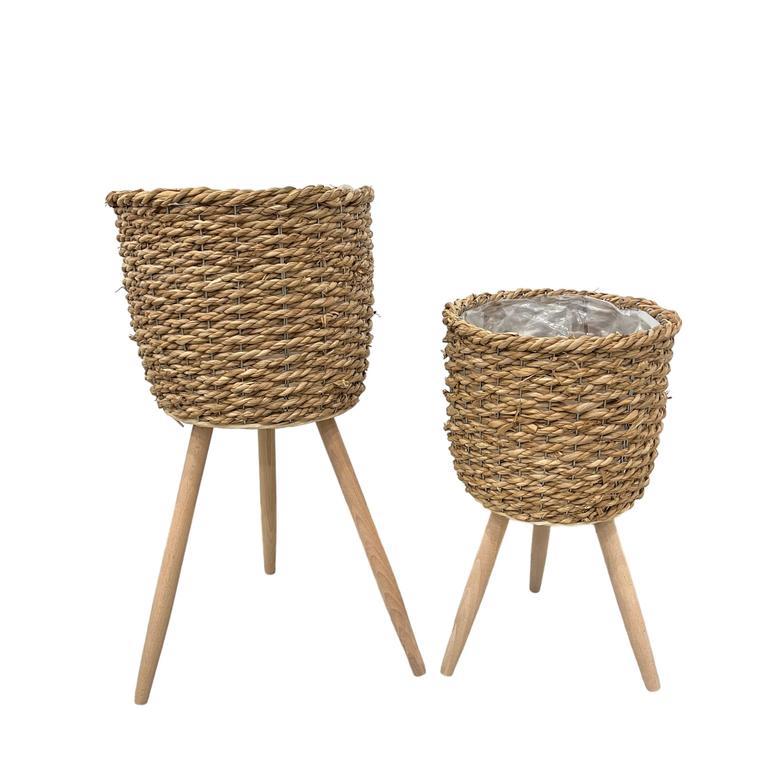 Grass Basket With Wood Feet Flower Planters Pots Basket Decorative Planter For Home Garden Decoration