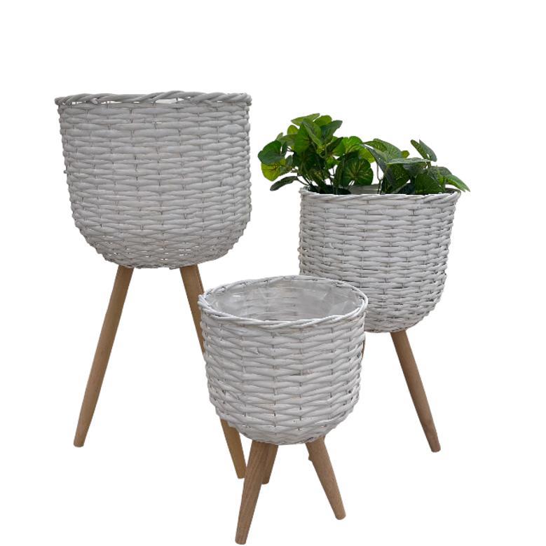 Grey Handmade Wicker Wood Flower Designer Planters Plant Pots Basket Strap Leg