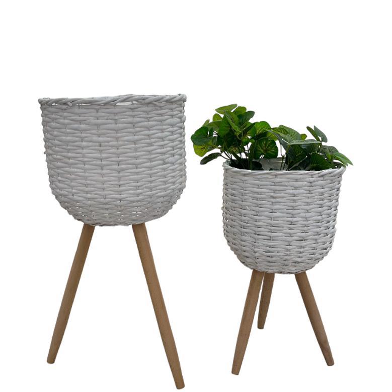 Grey Handmade Wicker Wood Flower Designer Planters Plant Pots Basket Strap Leg