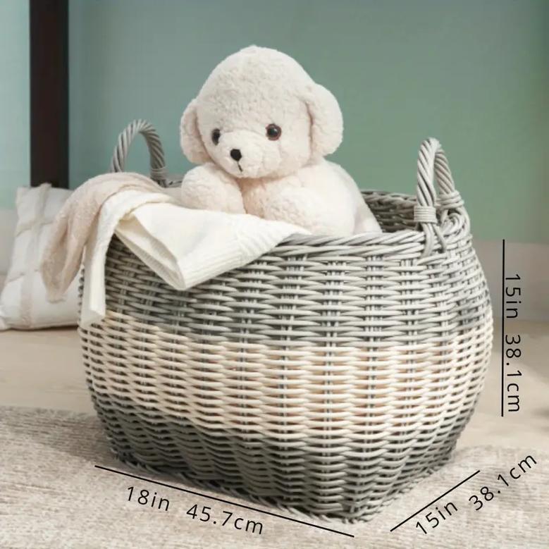 Handmade Oval Resin Woven Wicker Multi-Use Storage Basket With Handles White Gray For Towel Toys