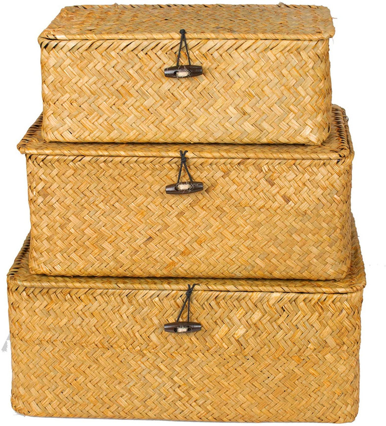 Set of 3 Medium Woven Wicker Storage Bins With Lid Natural Seagrass Storage Baskets