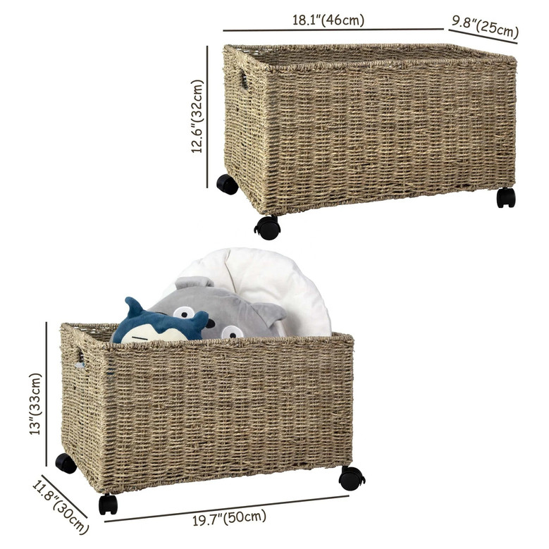 Set of 2 Rectangular Hand Woven Seagrass Storage Wicker Basket On Wheels For Home Storage Organization