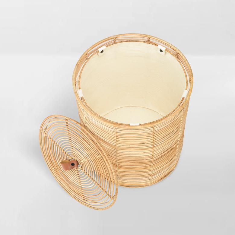 Large Round Rattan Hamper With Liner and Lid Striped Rattan Storage Basket