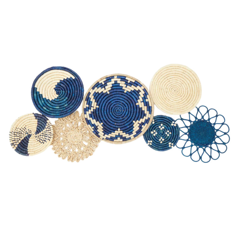 Living Room Decor Bohemian Wall Hangings Handmade Blue Tone Seagrass Woven Round Shape Baskets