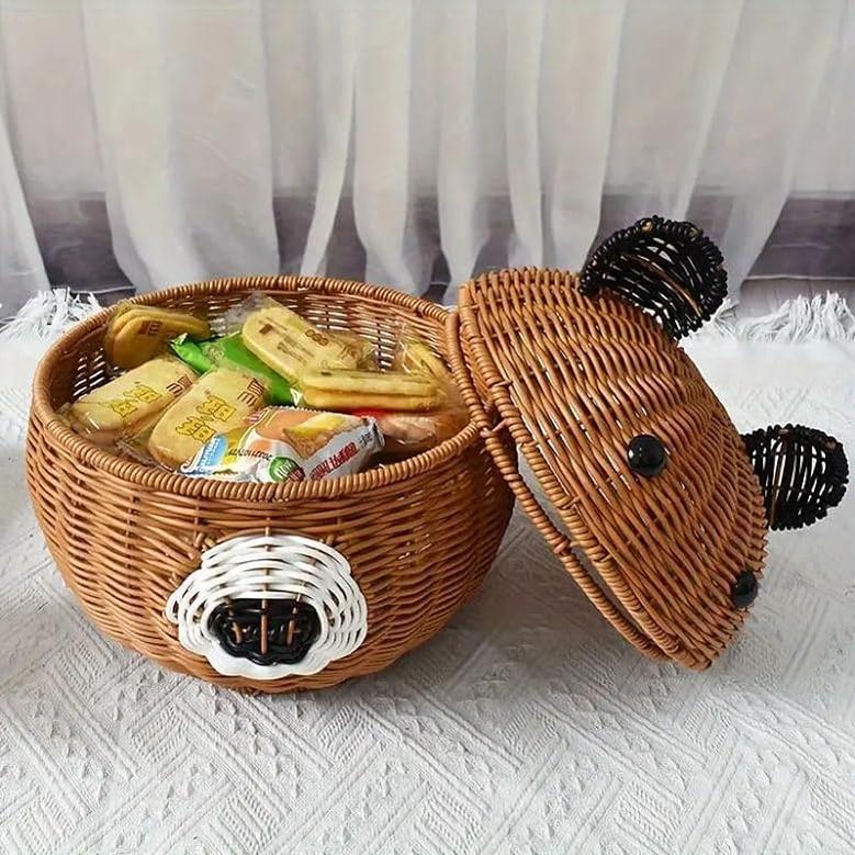Mini Panda Shape Plastic Rattan Storage Basket Resin Wicker Rattan Handmade Woven Decor Gift Basket With Lid