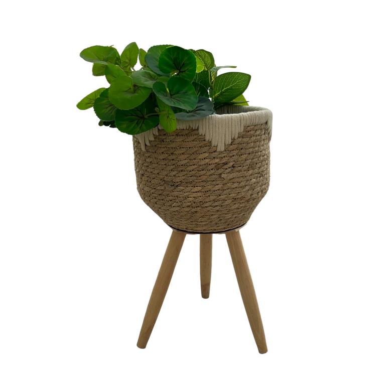Natural Grass Wicker Wood Planters Basket Flowerpot With Timber Toe And Plastic Lining