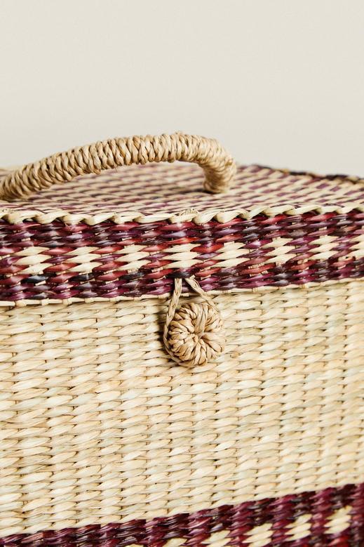 Natural Set Of 2 Seagrass Storage Baskets With Lid Stripes Box And Storage Baskets Items Holder Storage Container