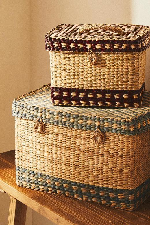 Natural Set Of 2 Seagrass Storage Baskets With Lid Stripes Box And Storage Baskets Items Holder Storage Container