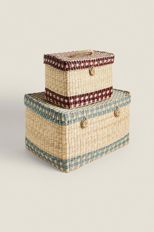 Natural Set Of 2 Seagrass Storage Baskets With Lid Stripes Box And Storage Baskets Items Holder Storage Container