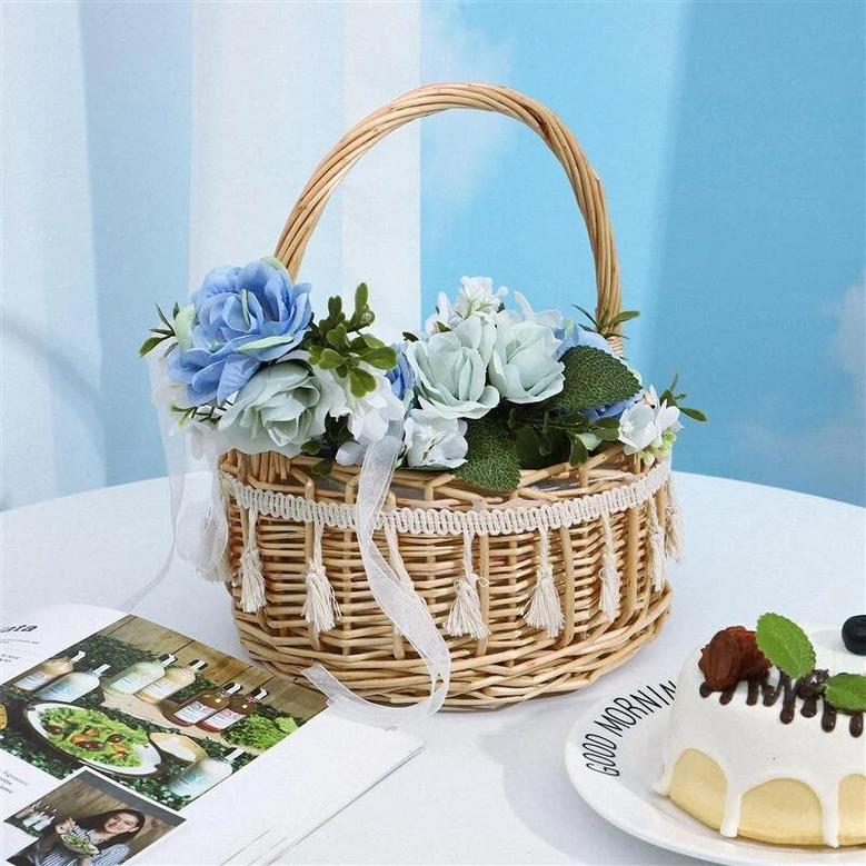 Rattan Woven Basket Bride Flower Easter Wedding Handheld Basket Princess Decorative Flower Basket Wicker